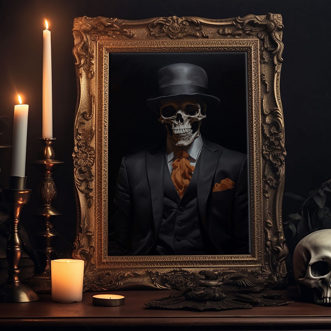 Spooky Skeleton Businessman Bowler Hat Tie Halloween Gothic Art Print - Image 6