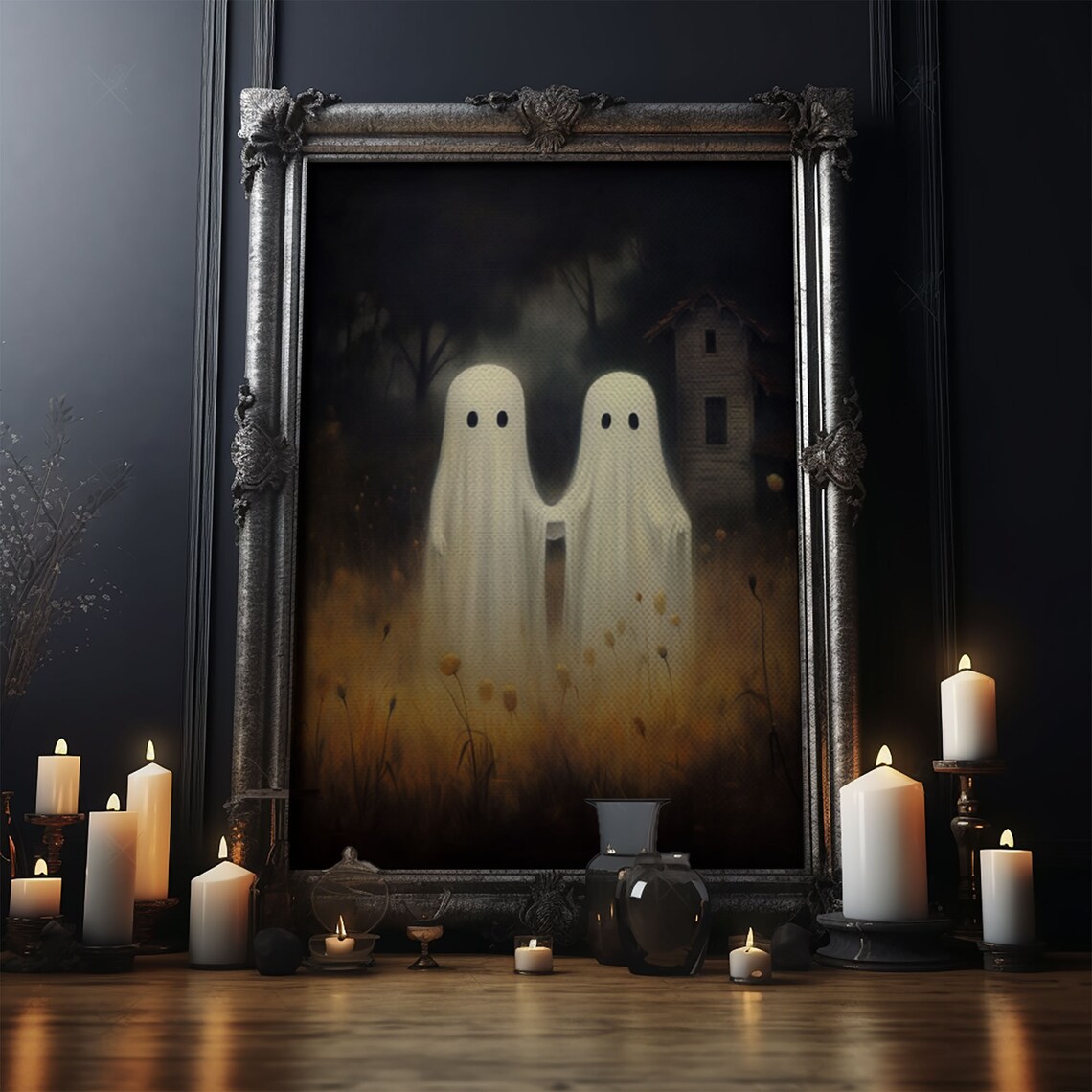 Cute Ghost Couple In Moonlit Farmhouse Field Vintage Halloween Print - Image 4