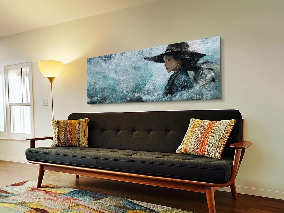 Ocean Woman Wide Brim Hat Waves Painting Coastal Blue Wall Poster - Image 2