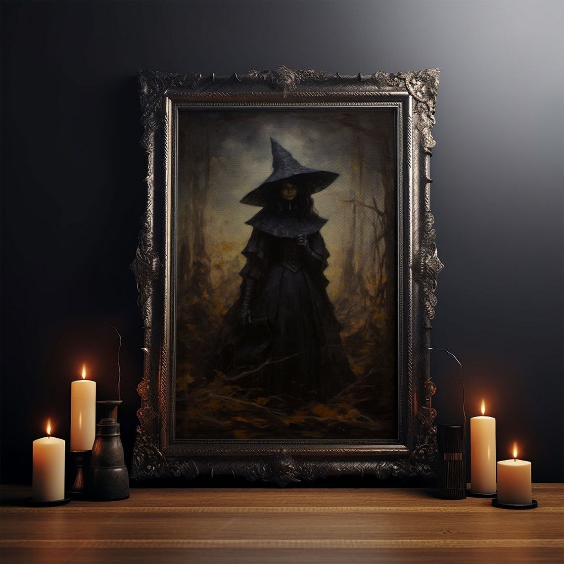 Gothic Witch Standing In Misty Autumn Forest Vintage Halloween Print - Image 3