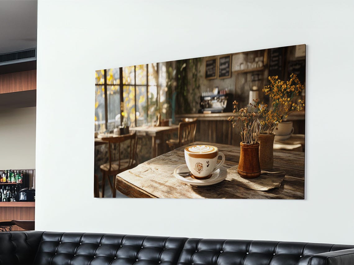 Cozy Coffee Shop Latte Cup Rustic Wooden Table Cafe Wall Art Poster - Image 2