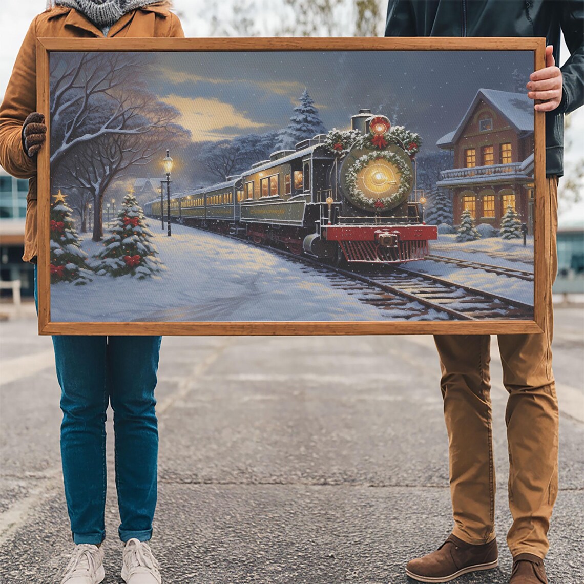 Christmas Steam Train With Wreath At Snowy Station Oil Painting Poster - Image 3