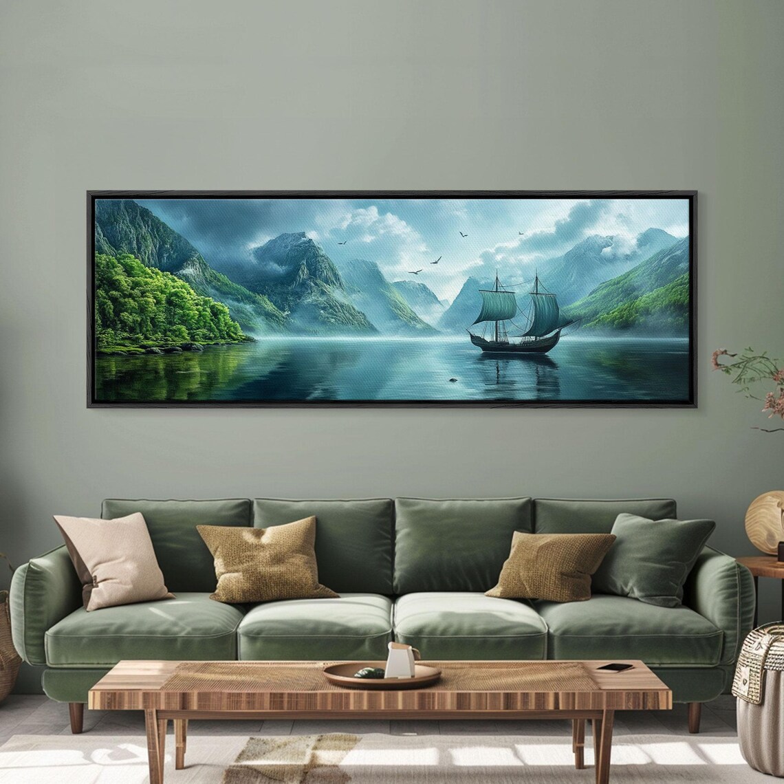 Misty Mountain Fjord Sailing Ship Fantasy Bay Oil Painting Poster - Image 4