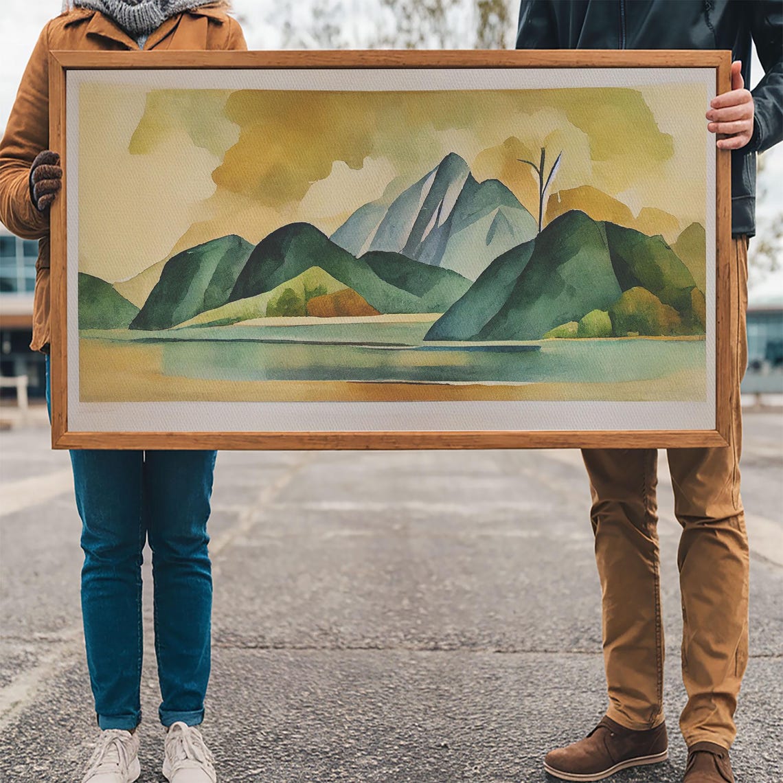 Green Watercolor Abstract Mountain Lake Landscape Modern Wall Poster - Image 3