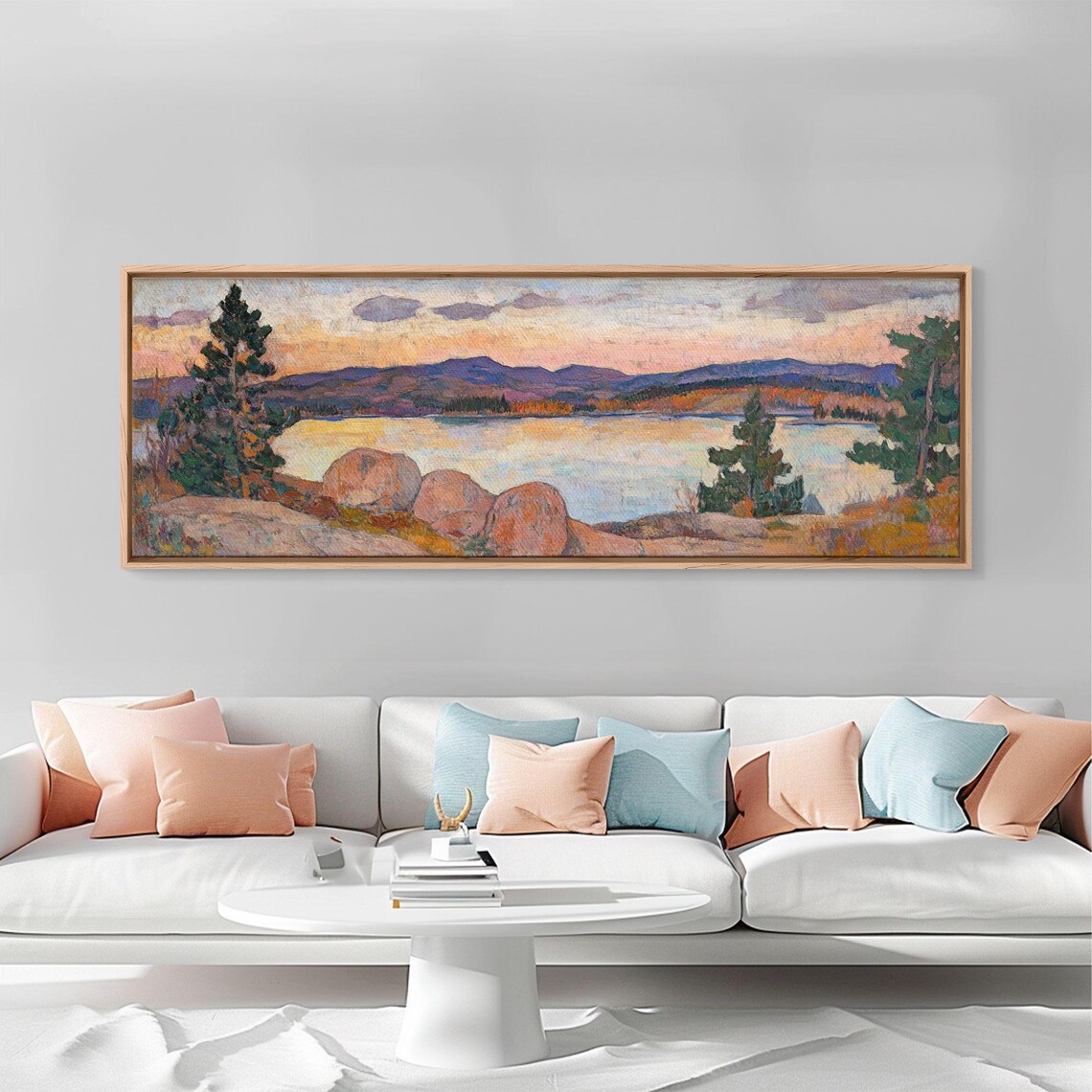 Moody Lake Sunset Golden Sky Rocky Shore Pines Oil Painting Poster - Image 6