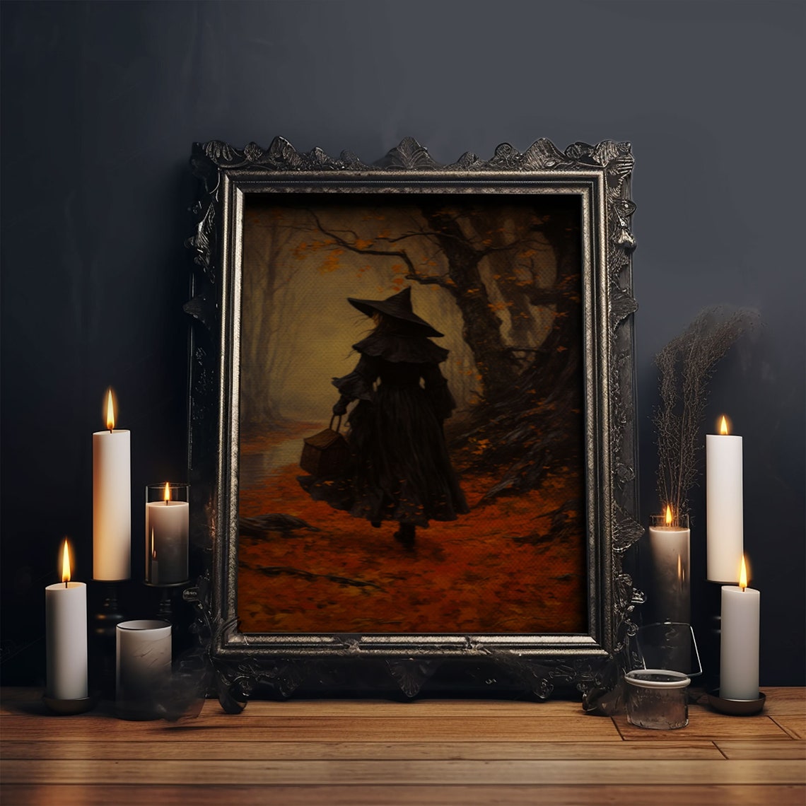 Witch Walking Autumn Forest Basket Moody Fall Halloween Art Poster - Image 5