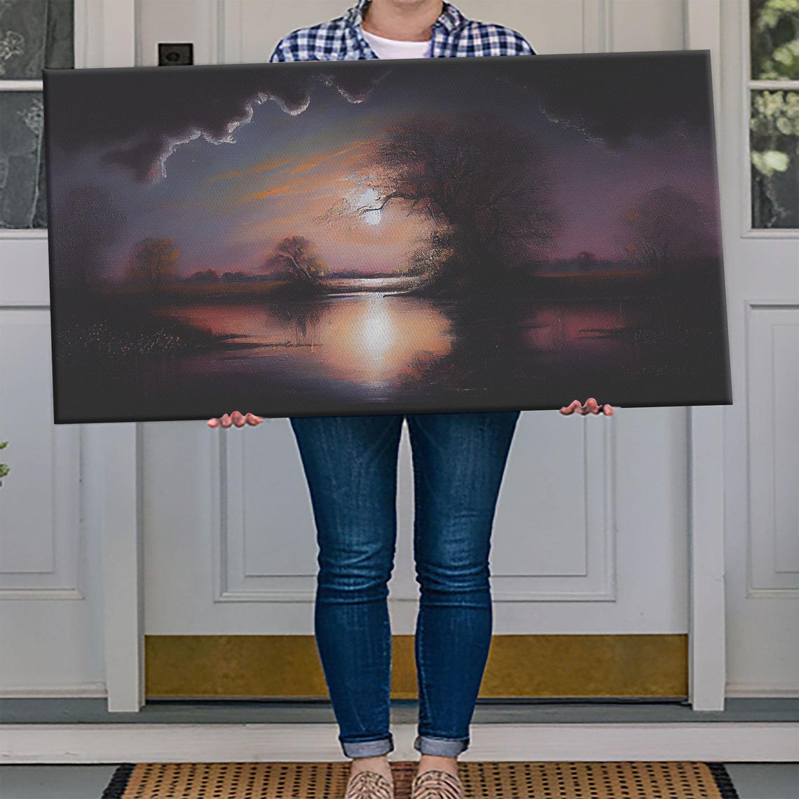 Dark Moody Moonlit Lake Stormy Purple Clouds Reflection Vintage Poster - Image 4