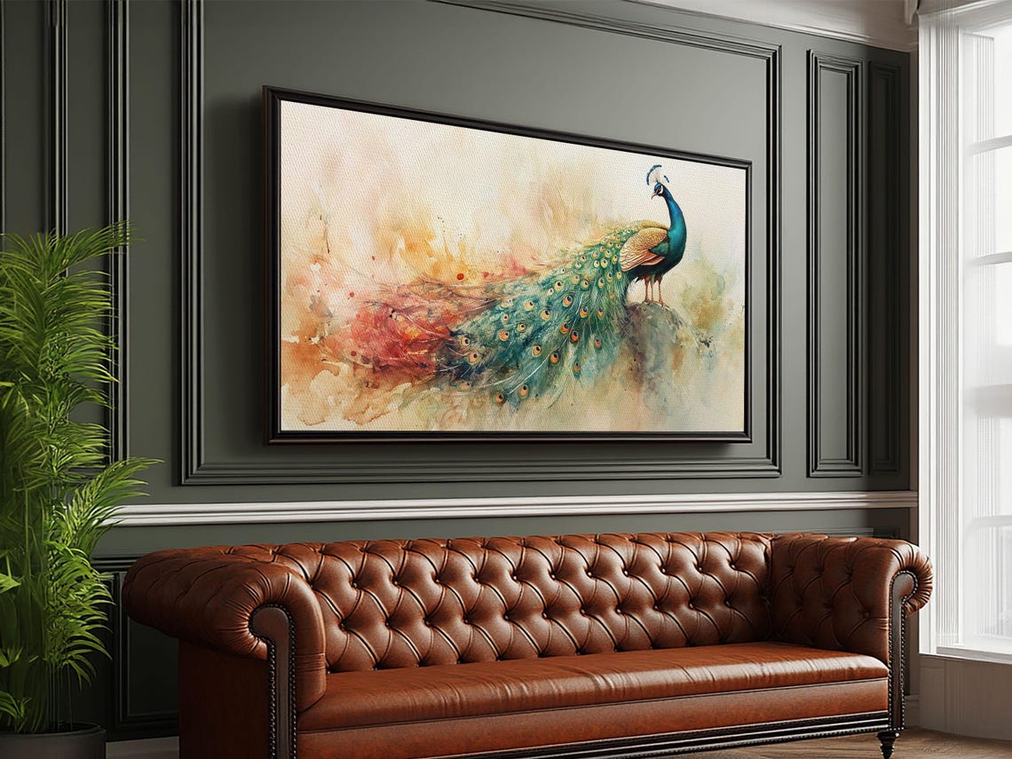 Majestic Peacock Iridescent Tail Warm Watercolor Wildlife Art Poster - Image 5