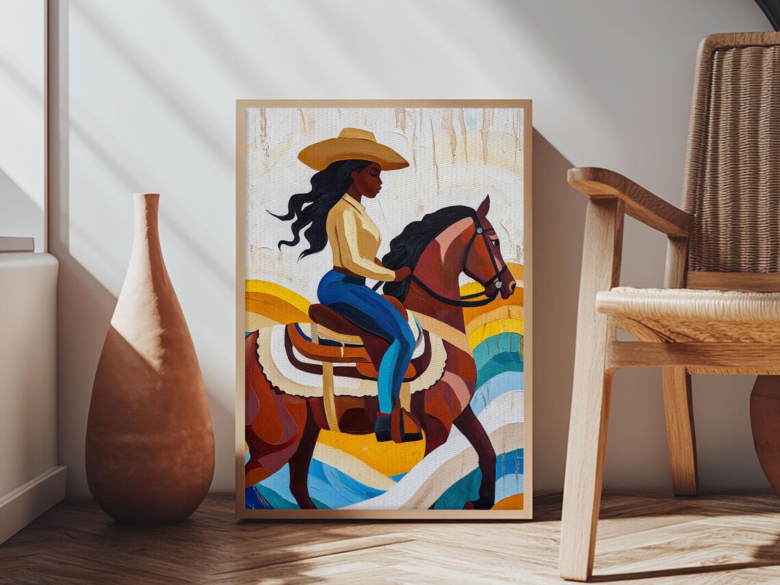 Black Cowgirl Horse Pop Art Painting Vibrant Western Wall Art Poster