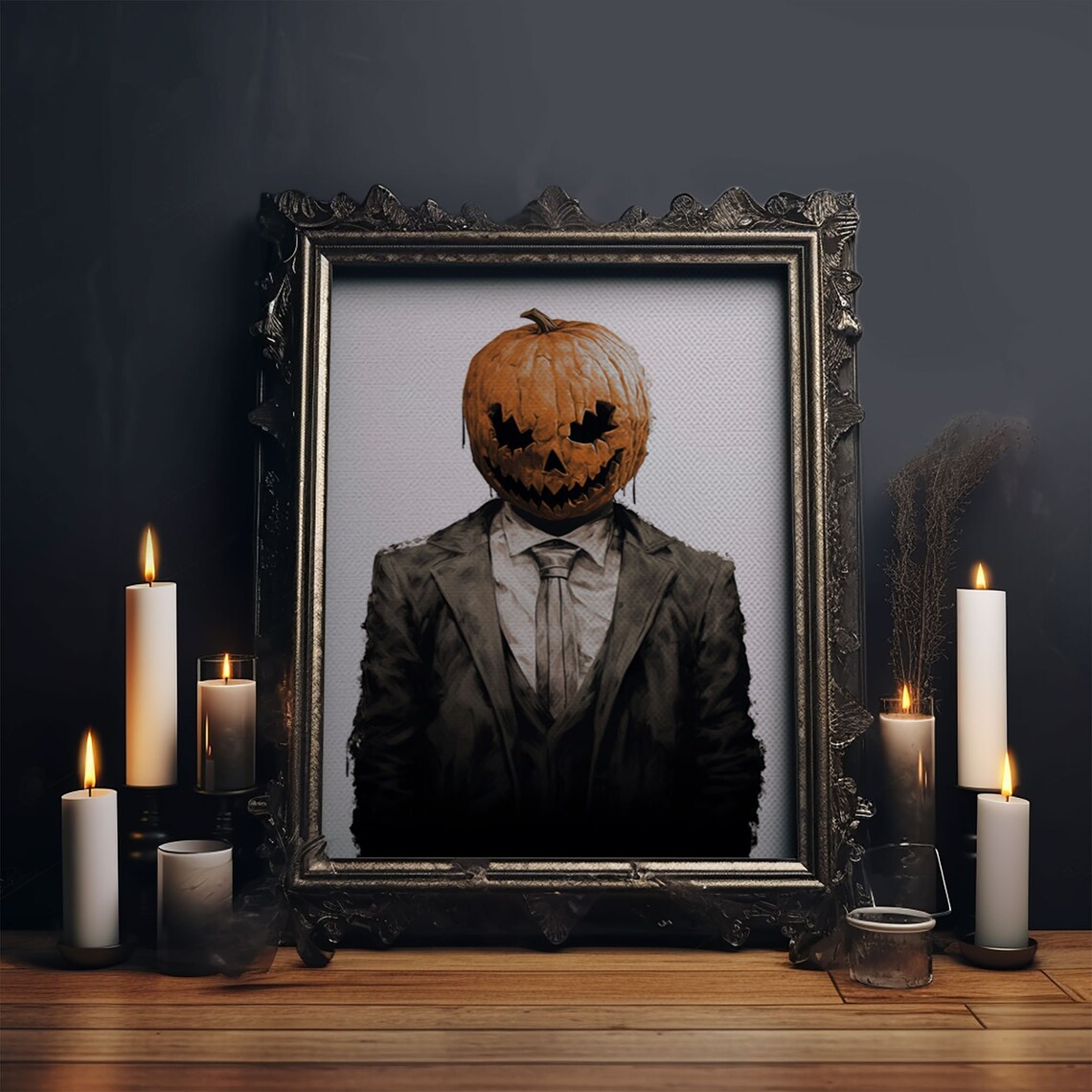 Jack O Lantern Head Man In Business Suit Vintage Halloween Portrait Print - Image 5