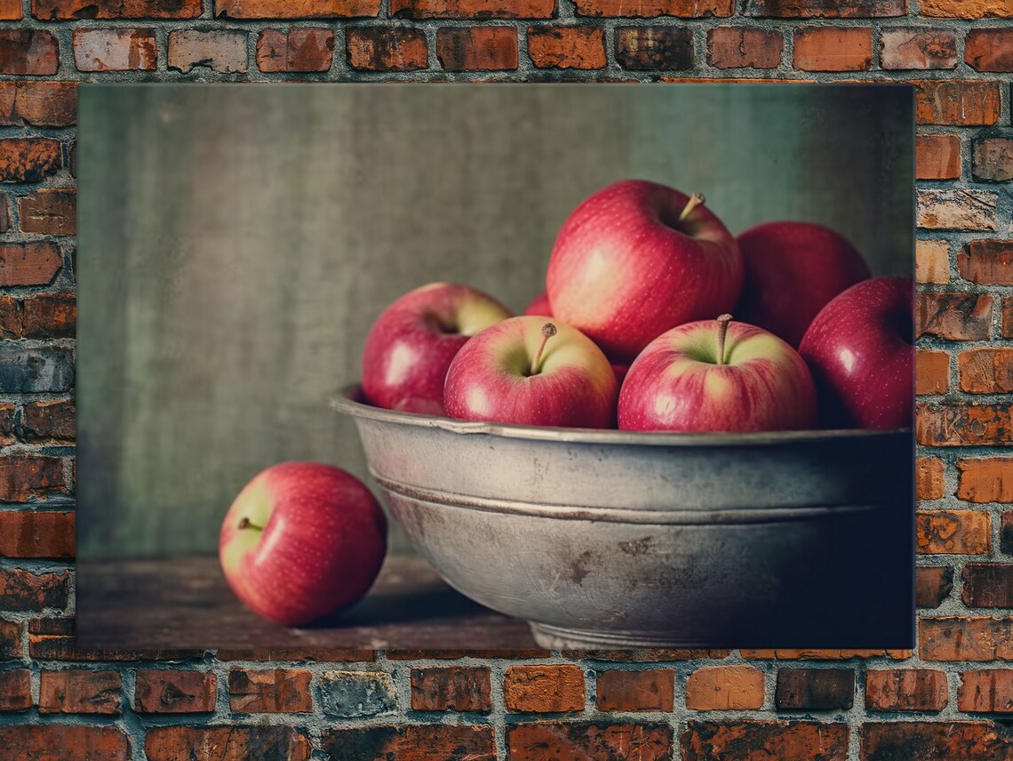 Red Apples In Rustic Bowl Moody Still Life Photography Kitchen Poster - Image 4