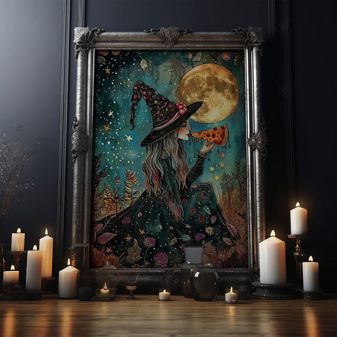 Whimsical Witch Eating Pizza Slice Under Full Moon Funny Art Poster - Image 5