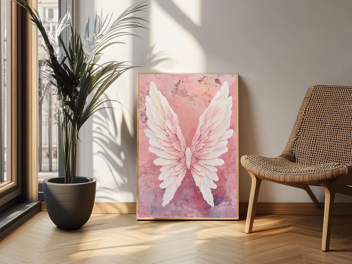 White Angel Wings Pink Watercolor Art Print Serene Bedroom Wall Poster