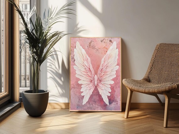 White Angel Wings Pink Watercolor Art Print Serene Bedroom Wall Poster