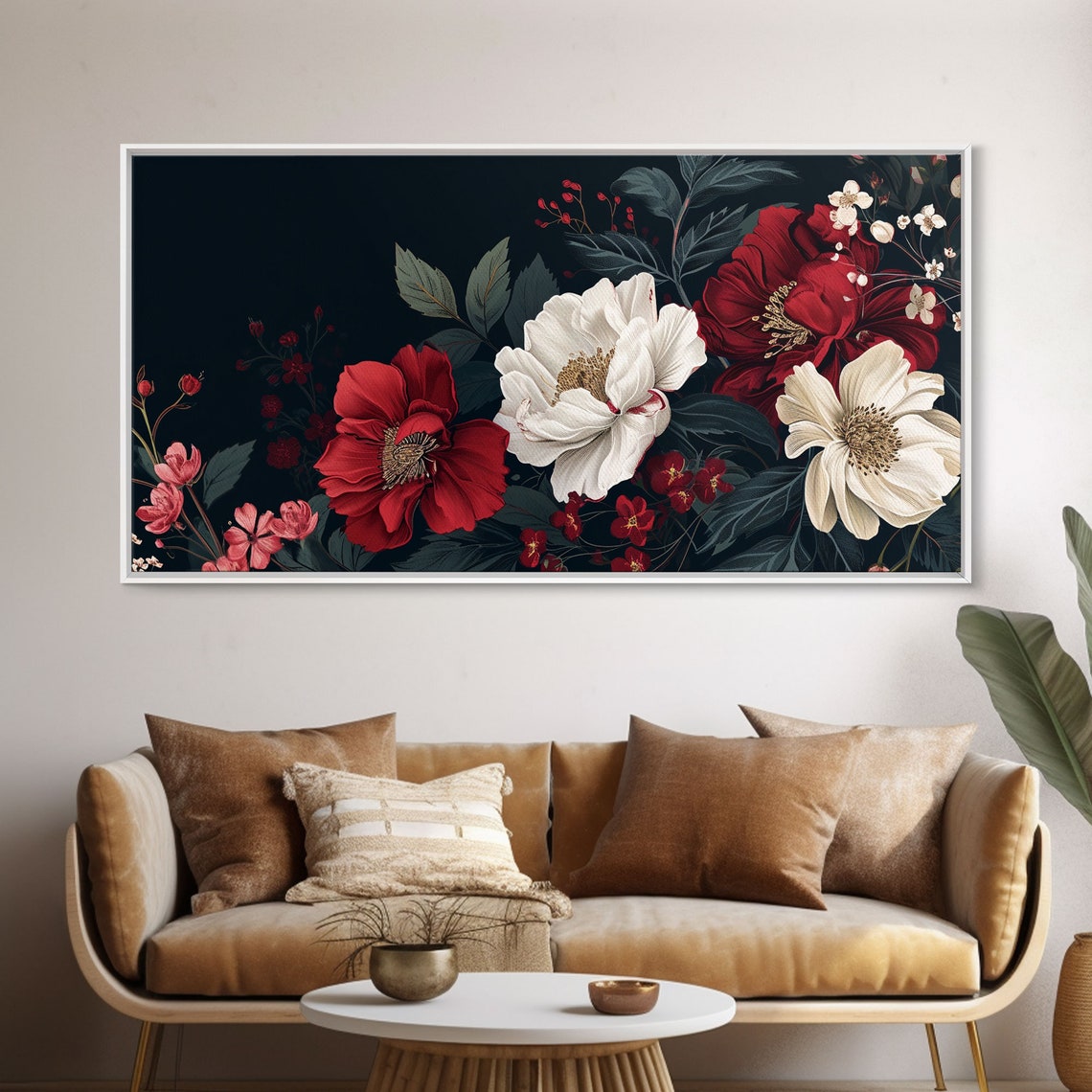 Red White Peony Floral Botanical Painting Black Background Poster