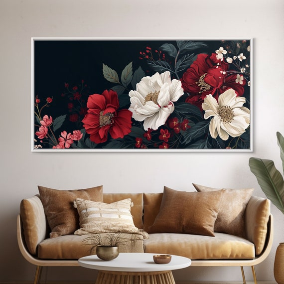 Beautiful Floral Print On Black Background Mothers Day Gift Idea Framed Print Flower Painting Flower Print Boho Style Decor