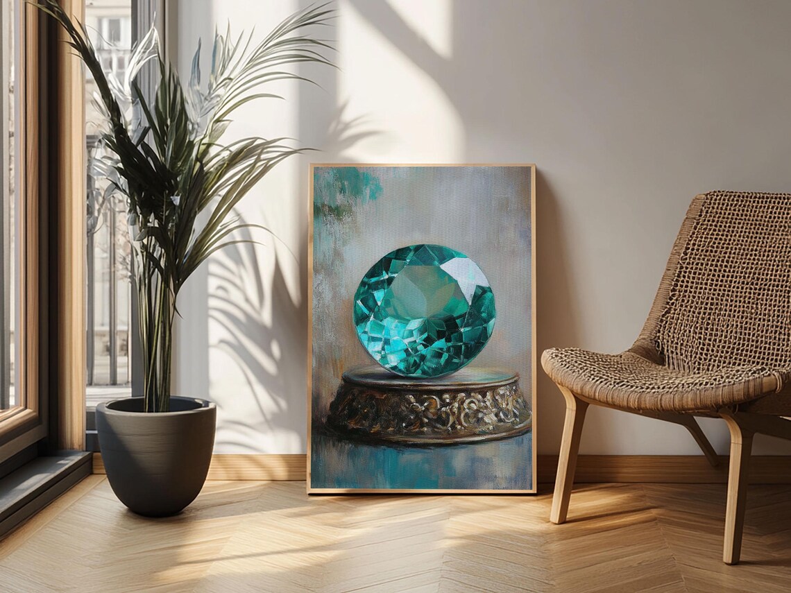 Emerald Green Faceted Gemstone Pedestal Jewel Painting Precious Wall Art - Image 5