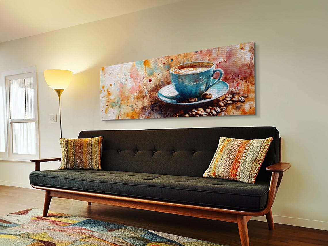 Latte Art Coffee Cup Watercolor Panoramic Colorful Kitchen Wall Poster - Image 5