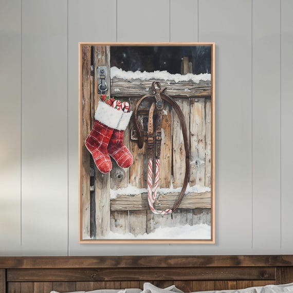 Wild West Christmas Art Print, Cowboy Stirrups & Stockings
