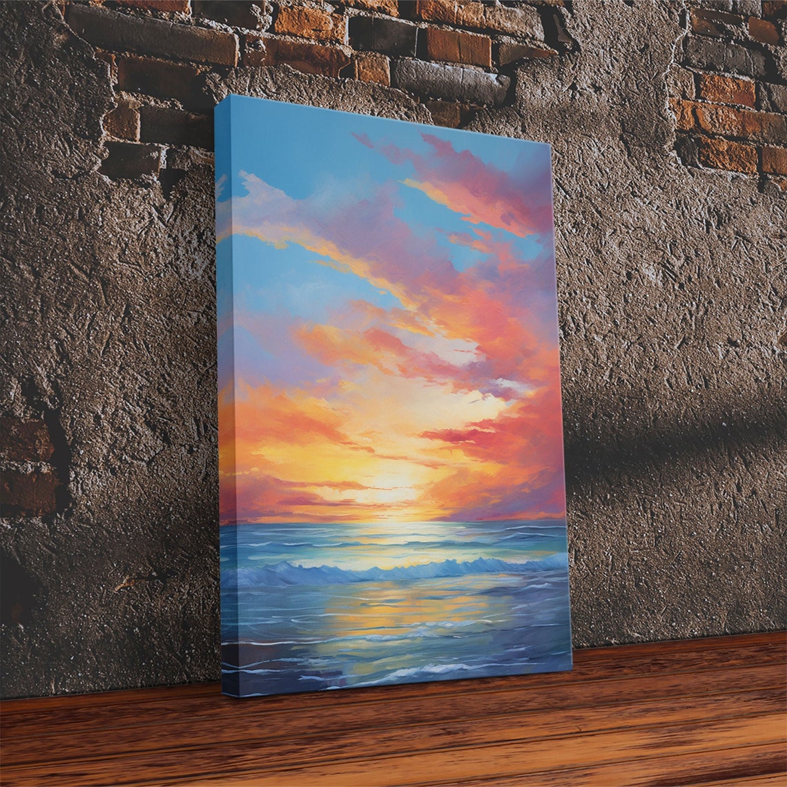 Ocean Sunset Vibrant Orange Pink Clouds Waves Seascape Art Poster