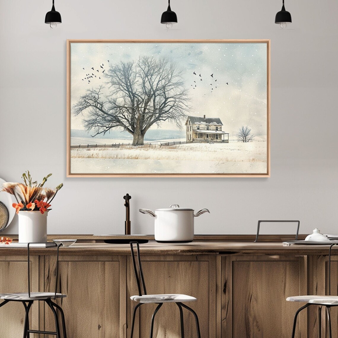 Winter Farm Snowy Field Farmhouse Bare Tree Birds Cold Morning Poster