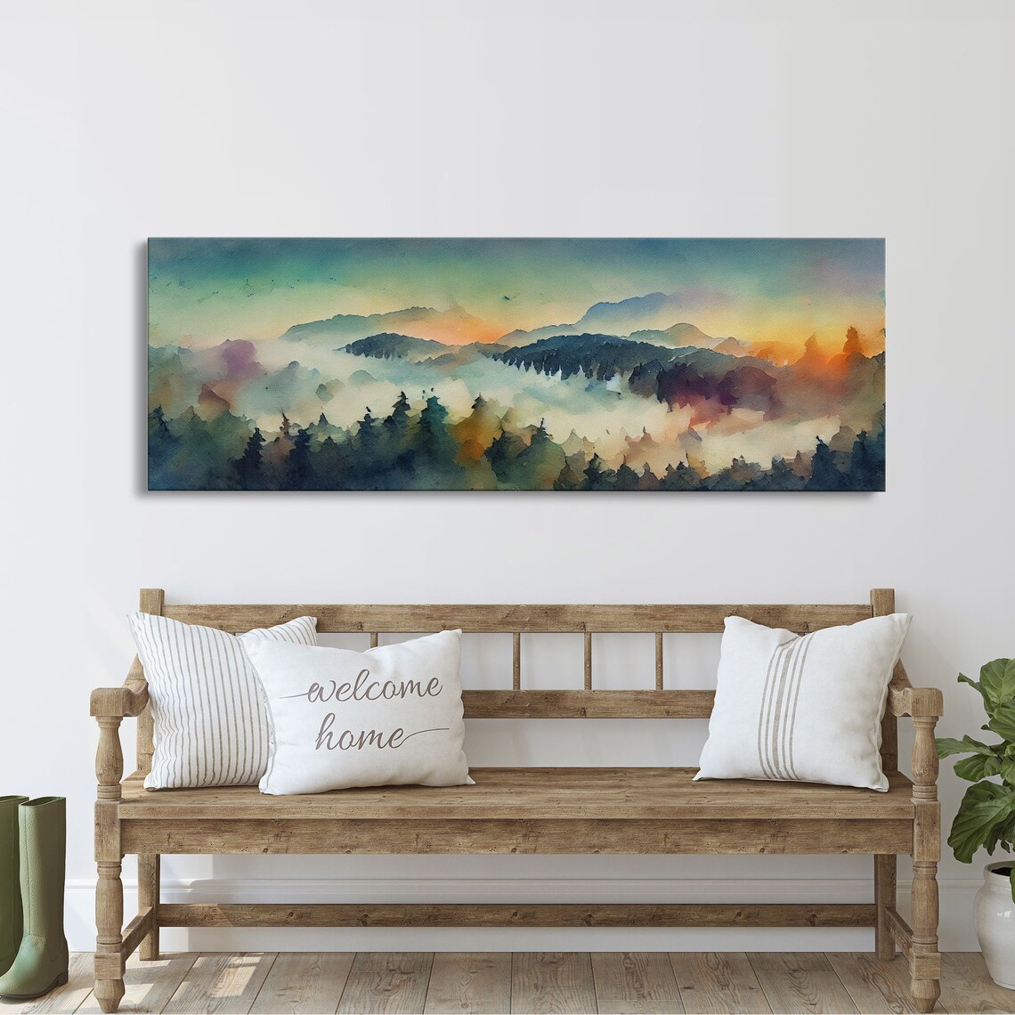 Watercolor Sunset Landscape, Panoramic Art Print - Image 2