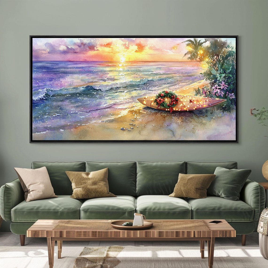 Christmas Surfboard Beach Sunset Wreath Lights Tropical Holiday Poster - Image 4