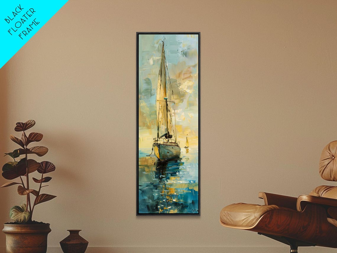 Sailboat With Golden Sails On Calm Water Impressionist Nautical Poster