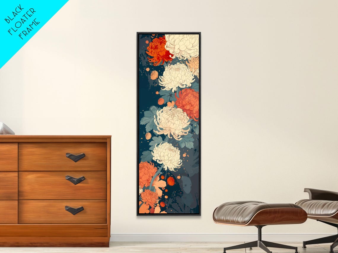 Blooming Chrysanthemums Rich Red Cream Dark Tall Floral Art Print - Image 3