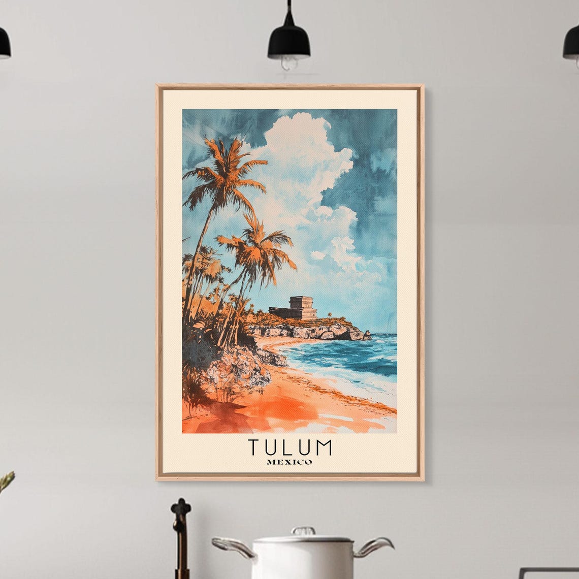 Tulum Mexico Mayan Ruins Cliff Palms Orange Beach Caribbean Poster