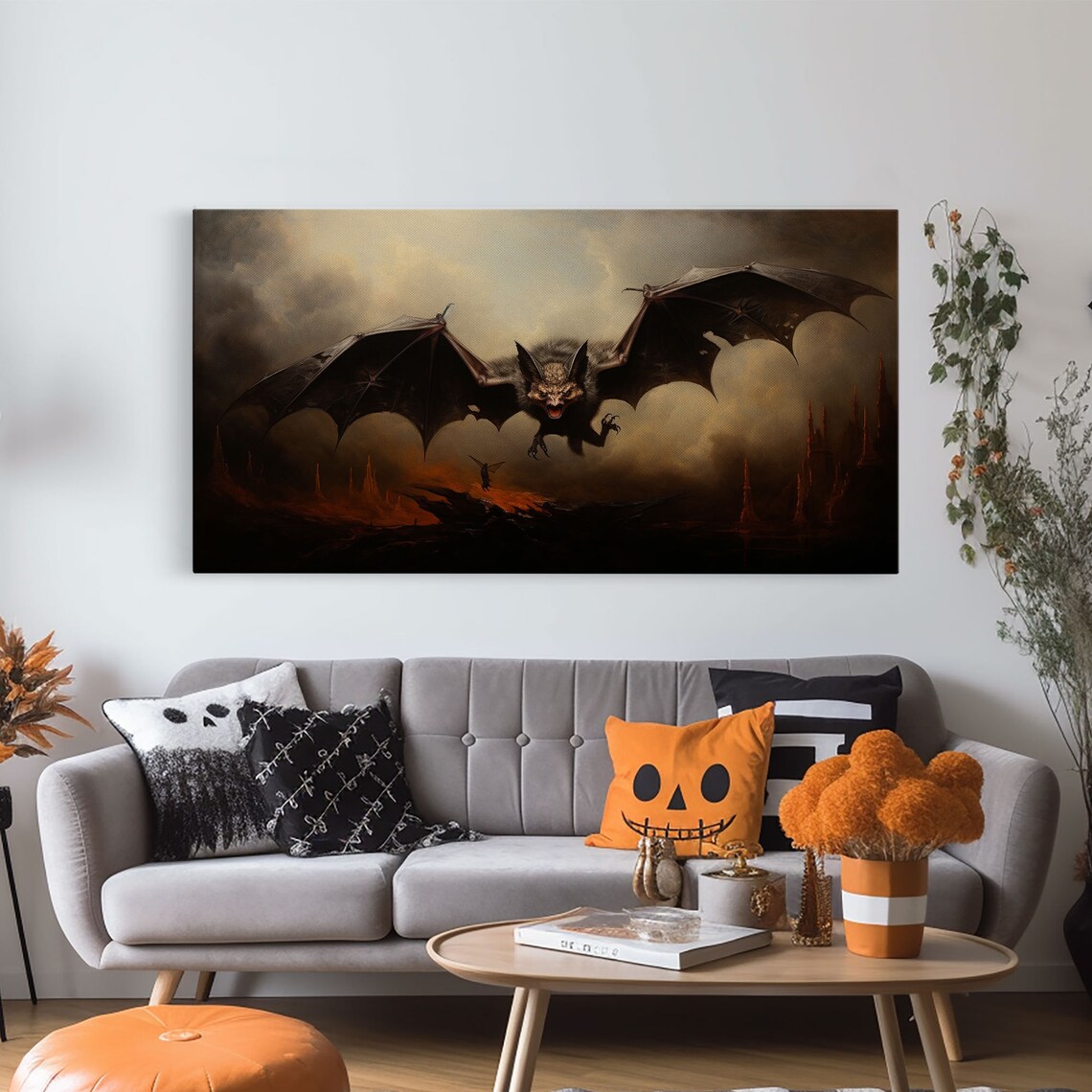 Vampire Bat Giant Flying Dark Stormy Sky Fiery Landscape Gothic Horror Poster