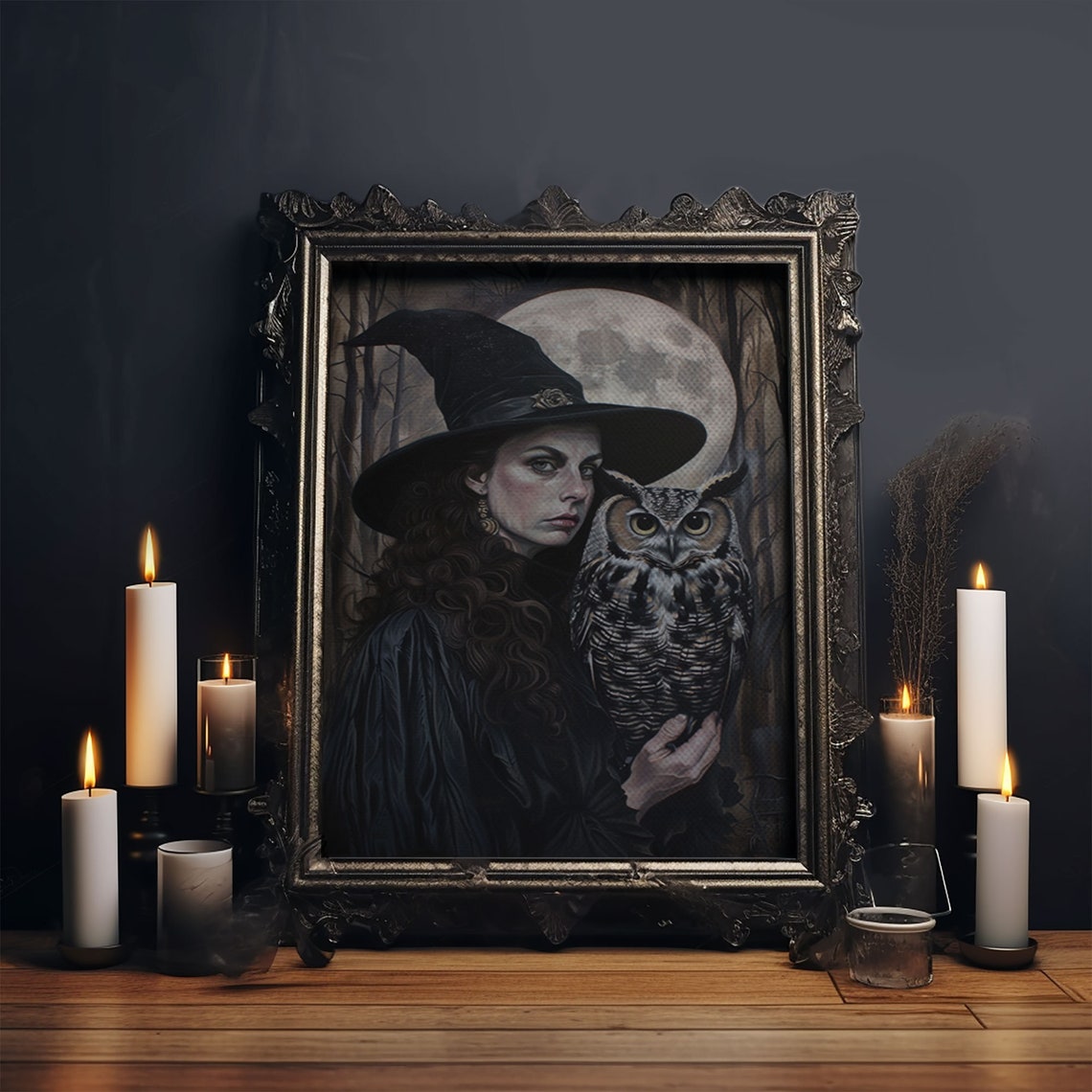 Dark Witch Holding Wise Owl Under Full Moon Gothic Portrait Poster - Image 6