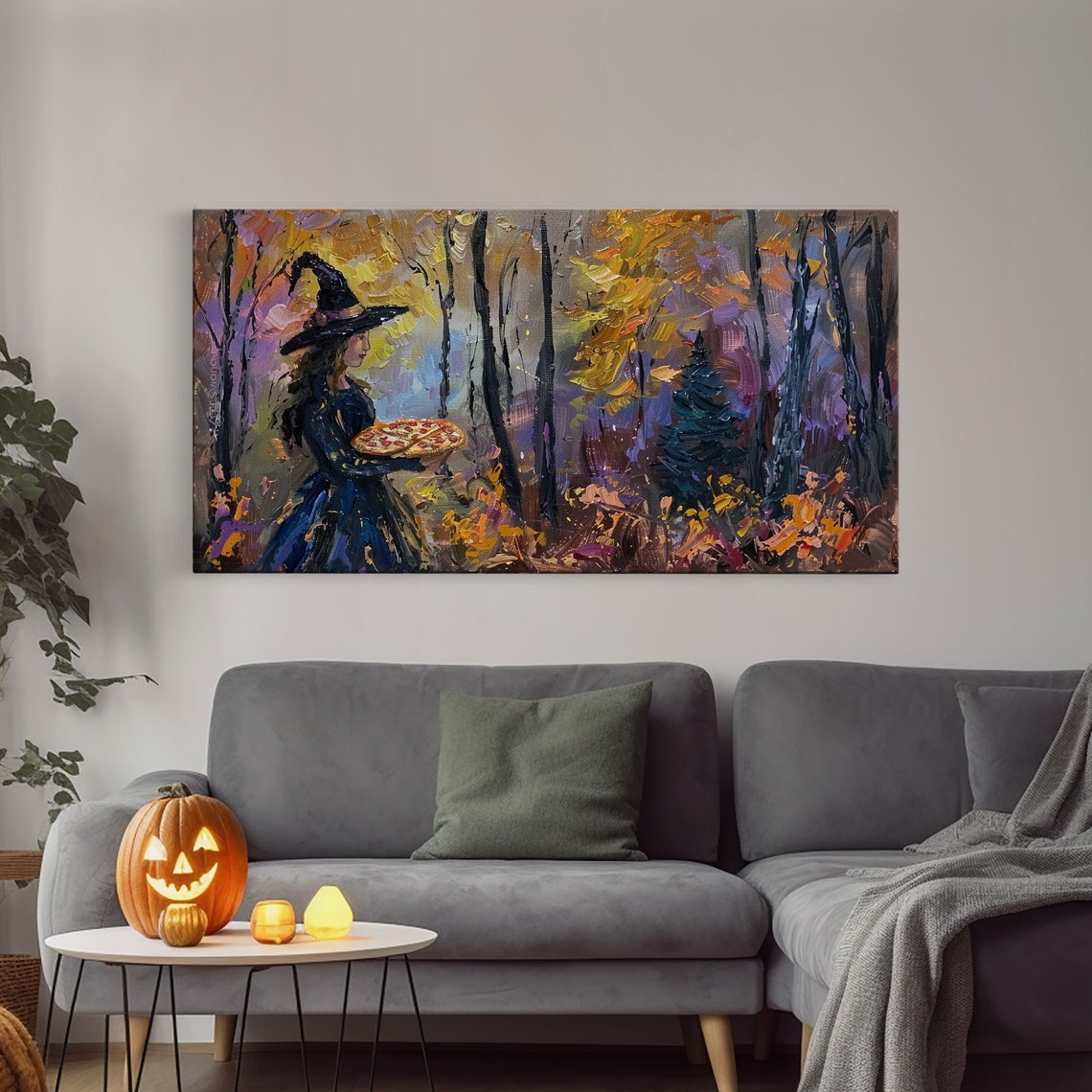 Witch Having Pizza Party In Autumn Haunted Forest Funny Art Print - Image 4