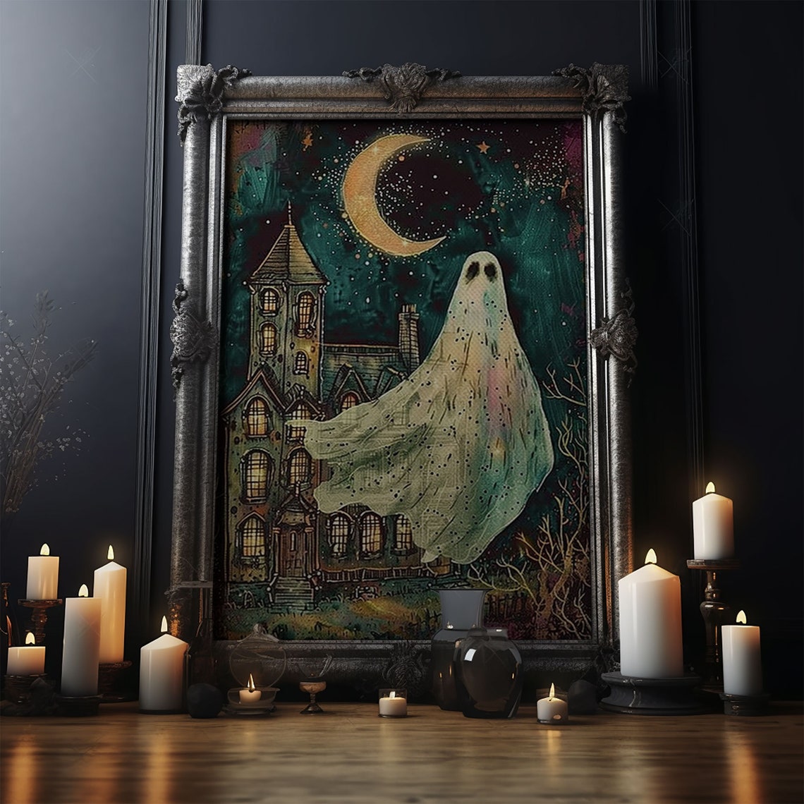 Ghost Crescent Moon Haunted House Spooky Night Halloween Art Poster - Image 4