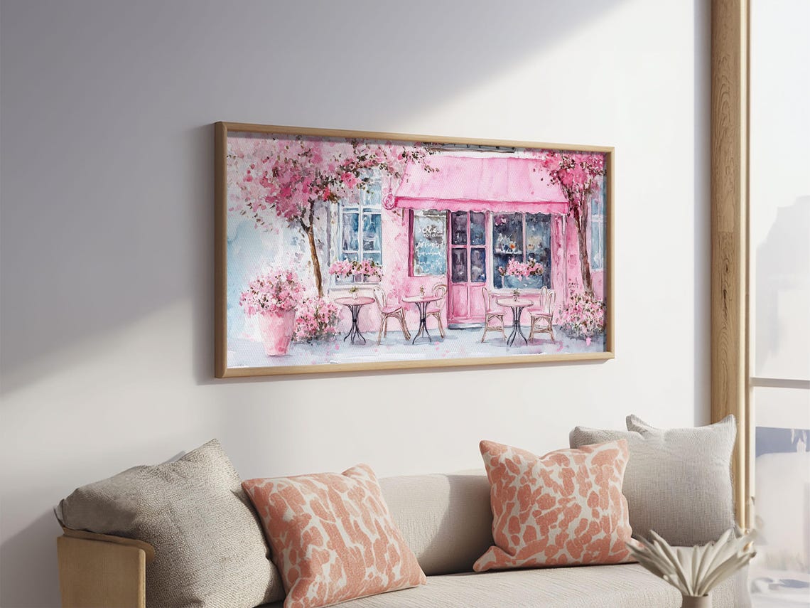 Pink Parisian Cafe Cherry Blossom Watercolor Bistro Street Art Poster - Image 2