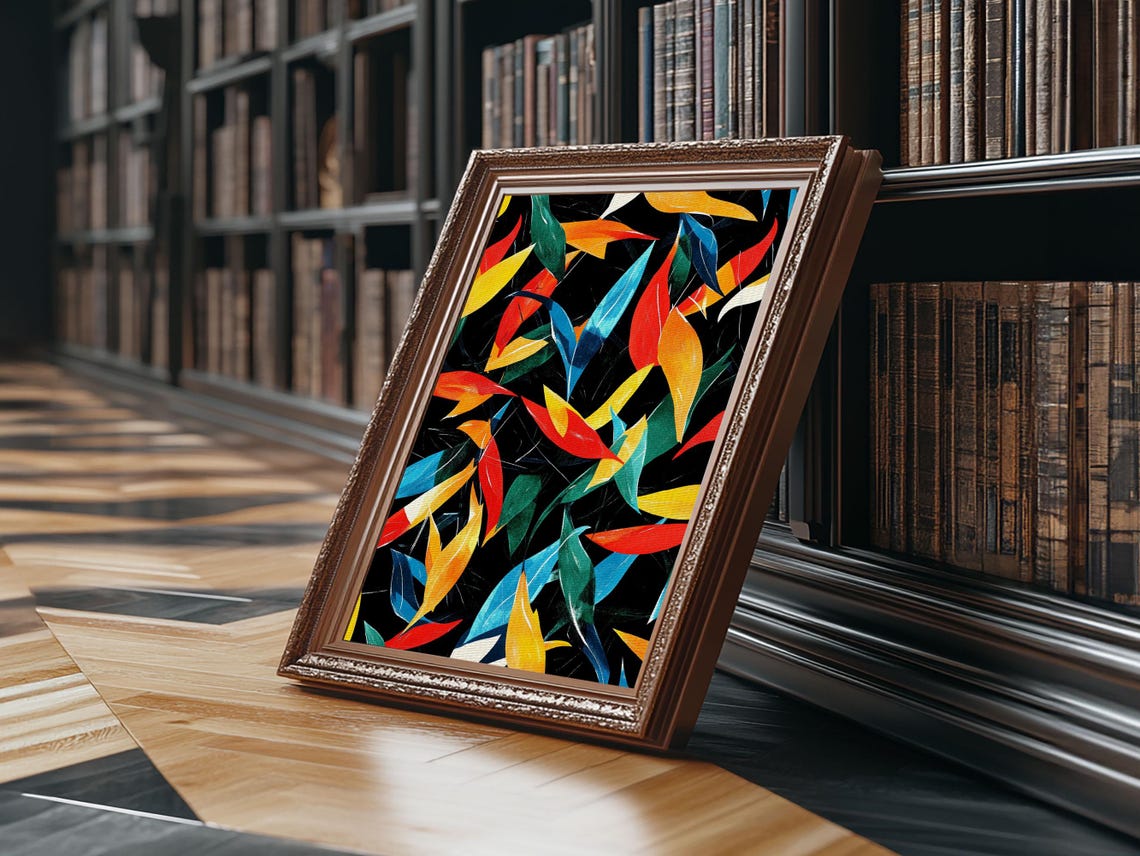 Colorful Autumn Leaves Pattern On Black Retro Mid Century Style Poster - Image 5