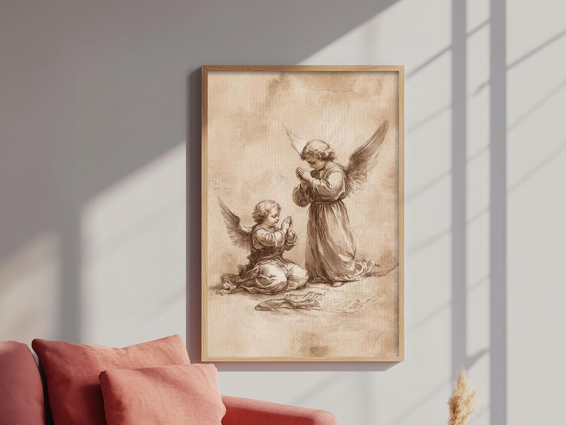 Praying Cherub Angels Sepia Sketch Vintage Guardian Angel Art Print - Image 2
