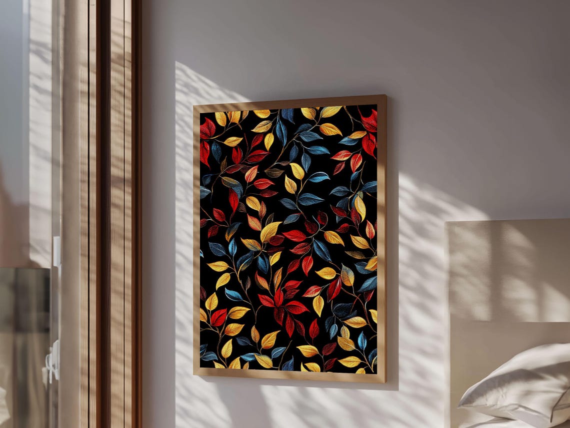Retro Fall Leaves Pattern Red Gold Teal Black Background Art Print - Image 2