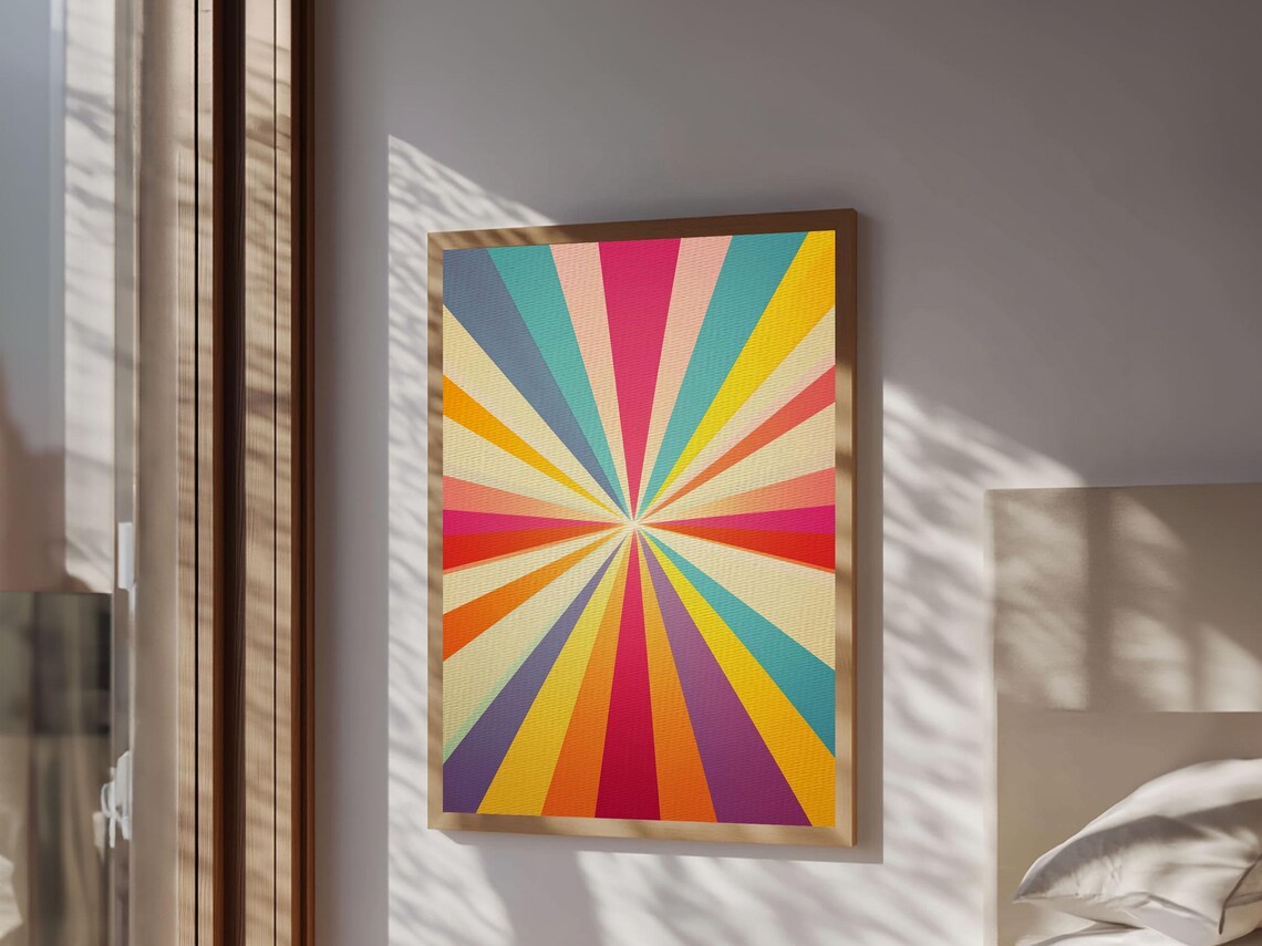 Colorful Sunburst Rays Teal Yellow Pink Vertical Retro Geometric Art Print - Image 4