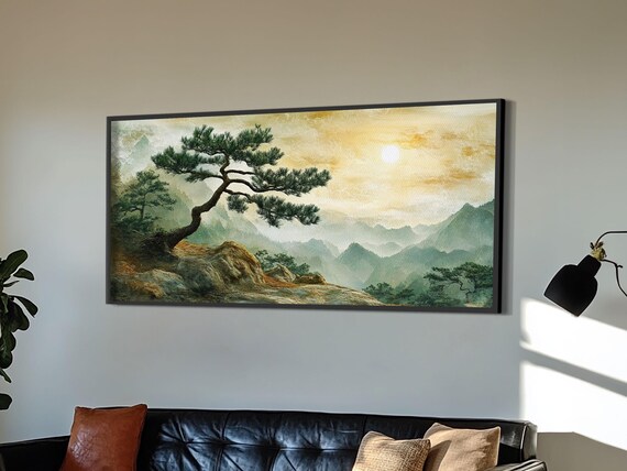 Pine Tree Mountain Sunset Misty Valley Zen Nature Landscape Wall Art Poster