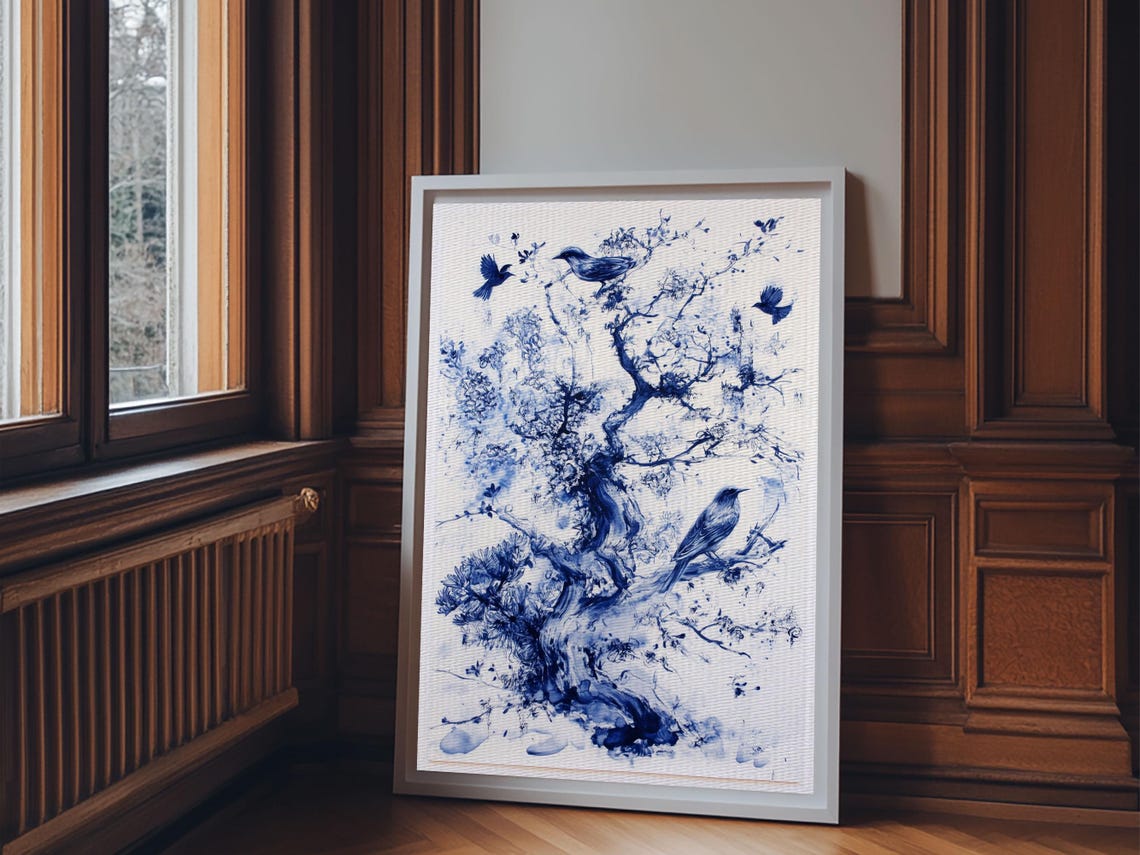 Blue Ink Tree With Birds Chinoiserie Botanical Painting Print - Image 4