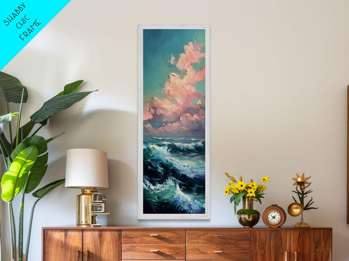 Textured Ocean Waves Pink Clouds Coastal Seascape Painting Poster - Image 2