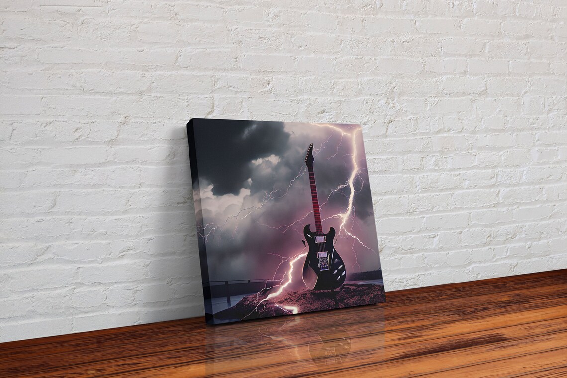 Rock N Roll Lightning Striking Black Guitar Art Print - Image 3