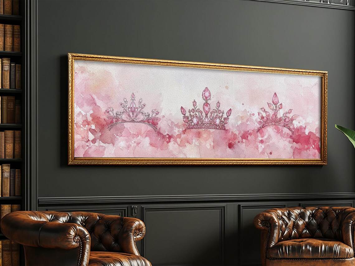 Pink Watercolor Tiaras Trio Princess Crowns Horizontal Wall Art Poster - Image 3