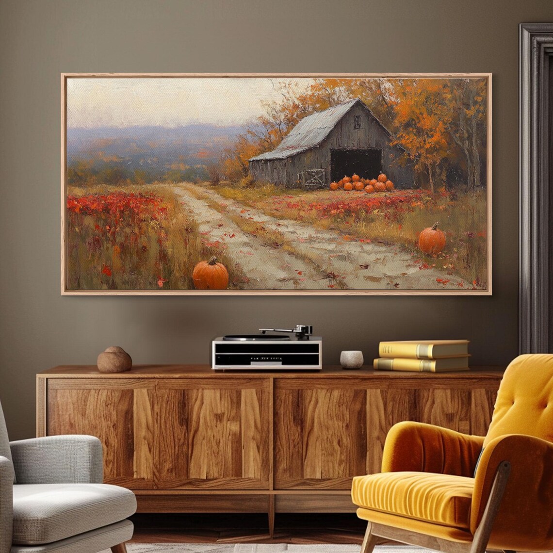 Country Farmhouse Autumn Harvest Barn Pumpkins Dirt Road Orange Foliage Poster - Image 3