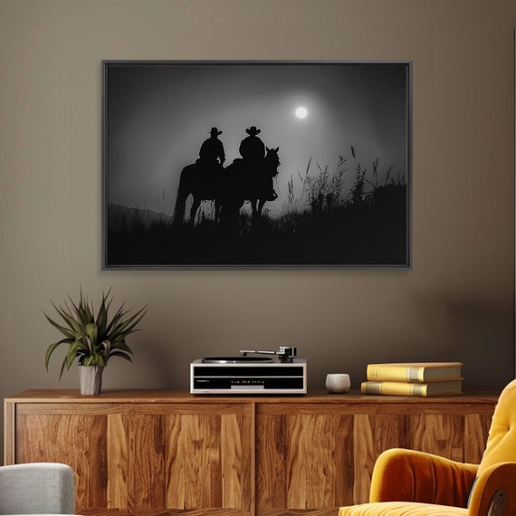 Cowboys Under A Full Moon Framed Print Black And White Western Photography Wild West Art Western Decor Farmhouse Country Art