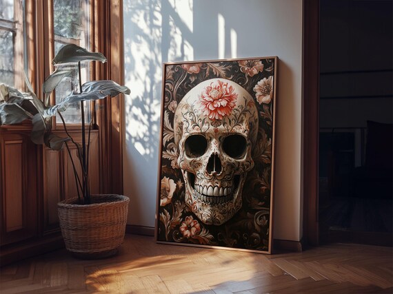 White Floral Skull Blossom Gothic Dark Botanical Skull Wall Art Poster