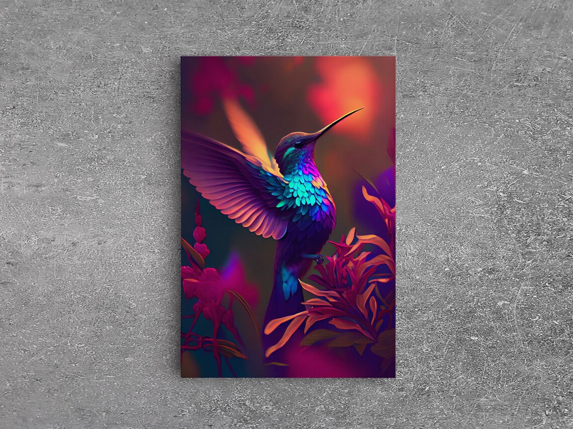 Hummingbird In Flight, Cute Animal Retro Wave Art Print