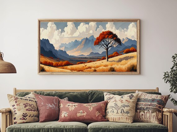 Landscape Print Muted Southwestern Landscape Hazy Mountain Valley Oil Painting Print Panoramic Wall Art Calm Above Bed Art