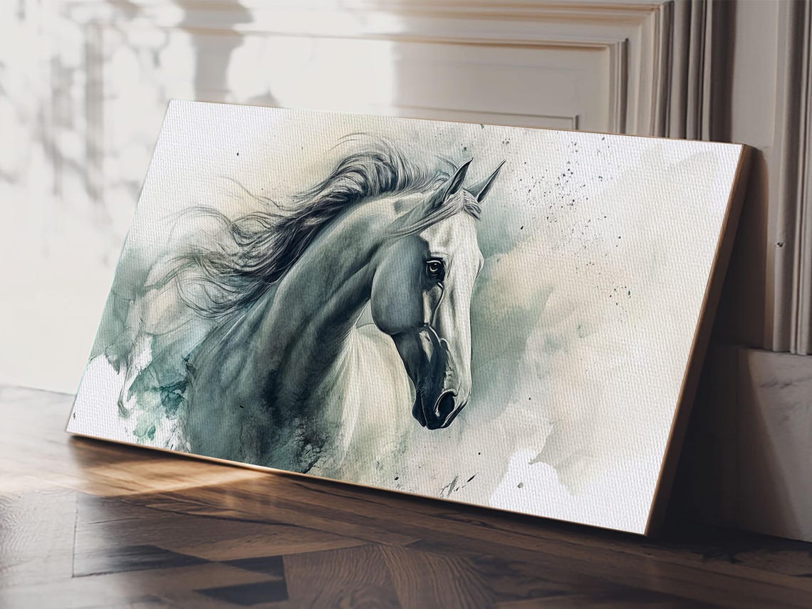 White Horse Flowing Mane Elegant Watercolor Equine Portrait Poster - Image 4